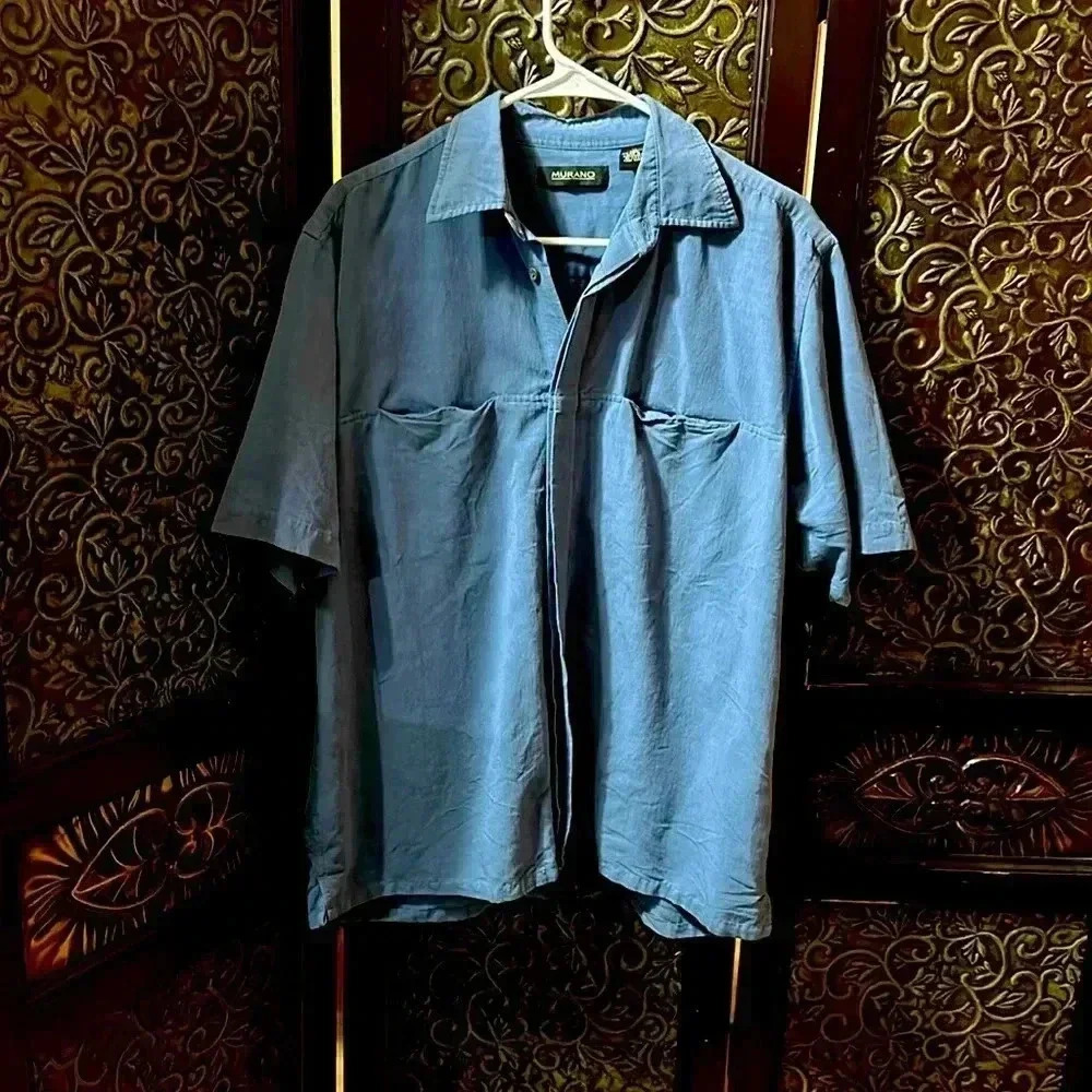Murano Rayon Short Sleeve Dress Shirt, Mens button down, size M Blue